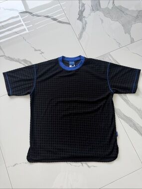 Versace jeans couture Men's Black Waffle-Knit Short Sleeve Tee with Blue Trim